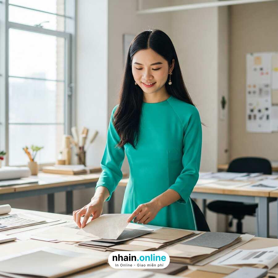Designer đang chọn giấy in cho sản phẩm của mình